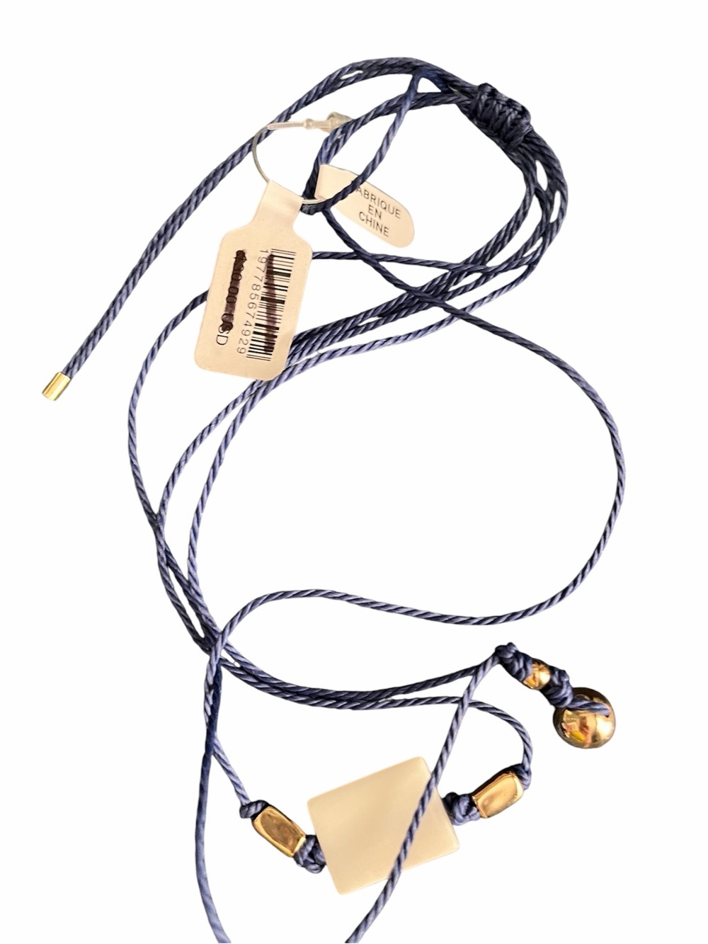 NWT FREE PEOPLE Blue String Necklace with Gold and Beige Pendant